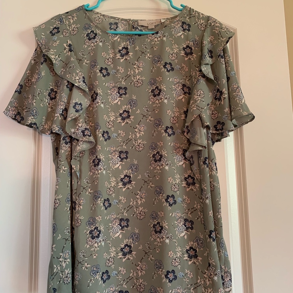 green silky shirt with flowers from the loft